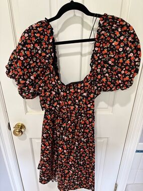 Topshop Black Floral Puff-Sleeve Mini Dress
